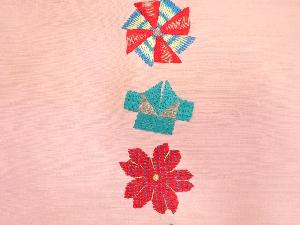 アンティーク　節紬　折り紙に花模様　刺繍　名古屋帯